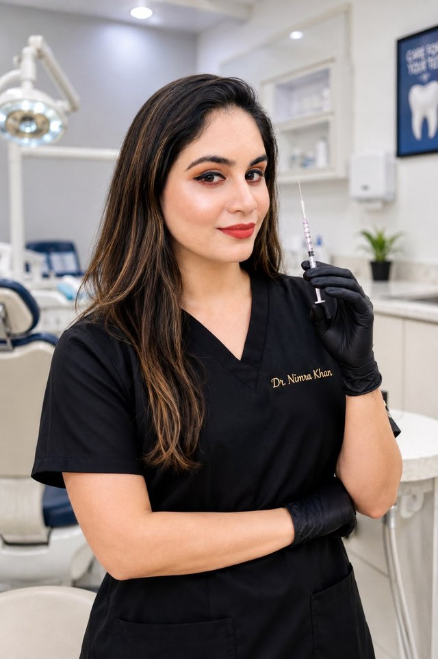 Dr. Nimra Khan wearing black scrubs and gloves, standing with her arms folded.