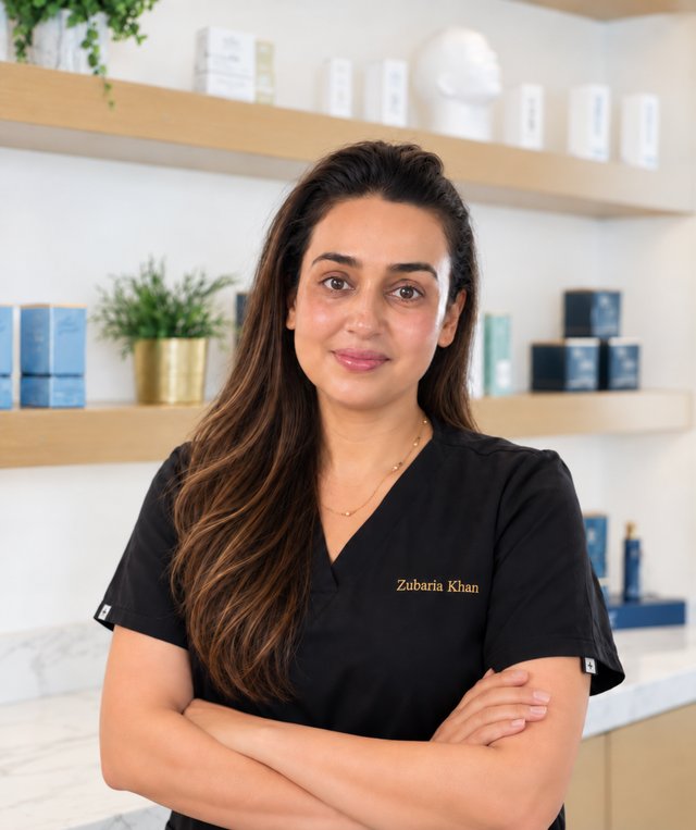 Zubaria Khan wearing black scrubs, standing with her arms folded.